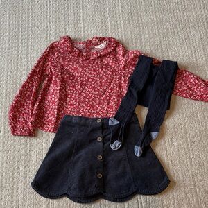 H&M Red Floral Top and navy Skirt Set